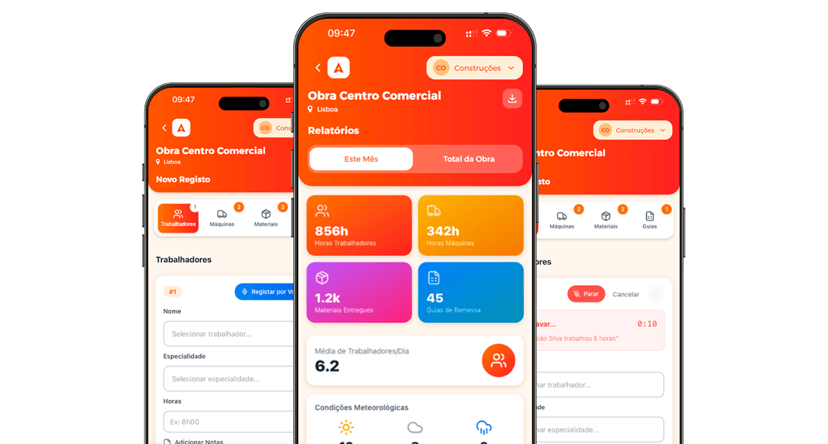 AOM - Aplicação de apontamento de obra mostrando ecrãs de registo, relatórios e registo por voz